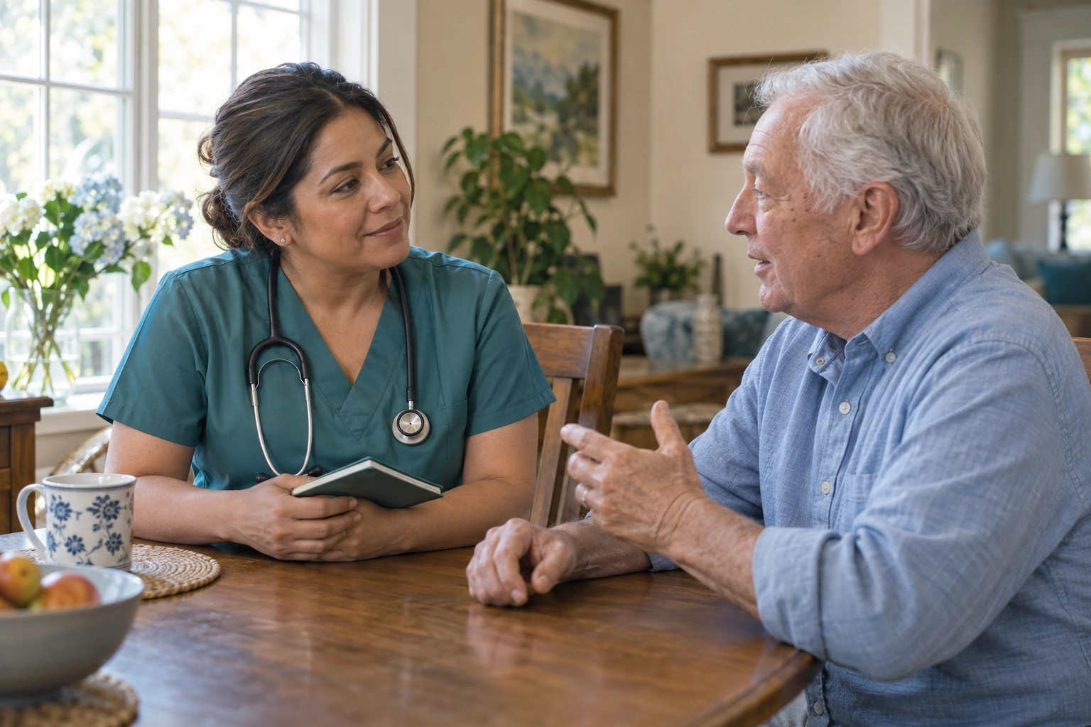 Illustrative nurse in teal scrubs listening to an older adult at home