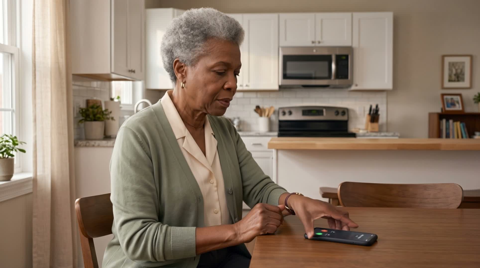 An older adult in a dramatized phone conversation at home