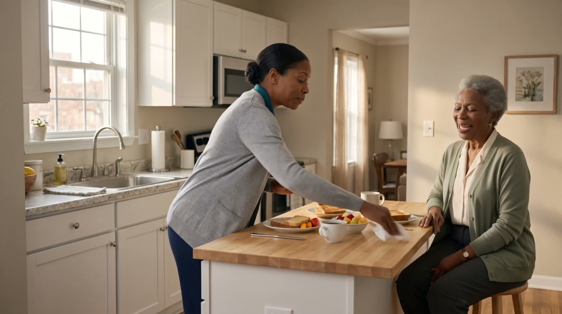 A dramatized home-care scene of a caregiver serving breakfast to an older adult